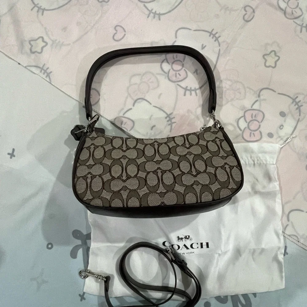 Coach Brown Signature Canvas Double Pocket Shoulder Bag with Dark Leather Trim